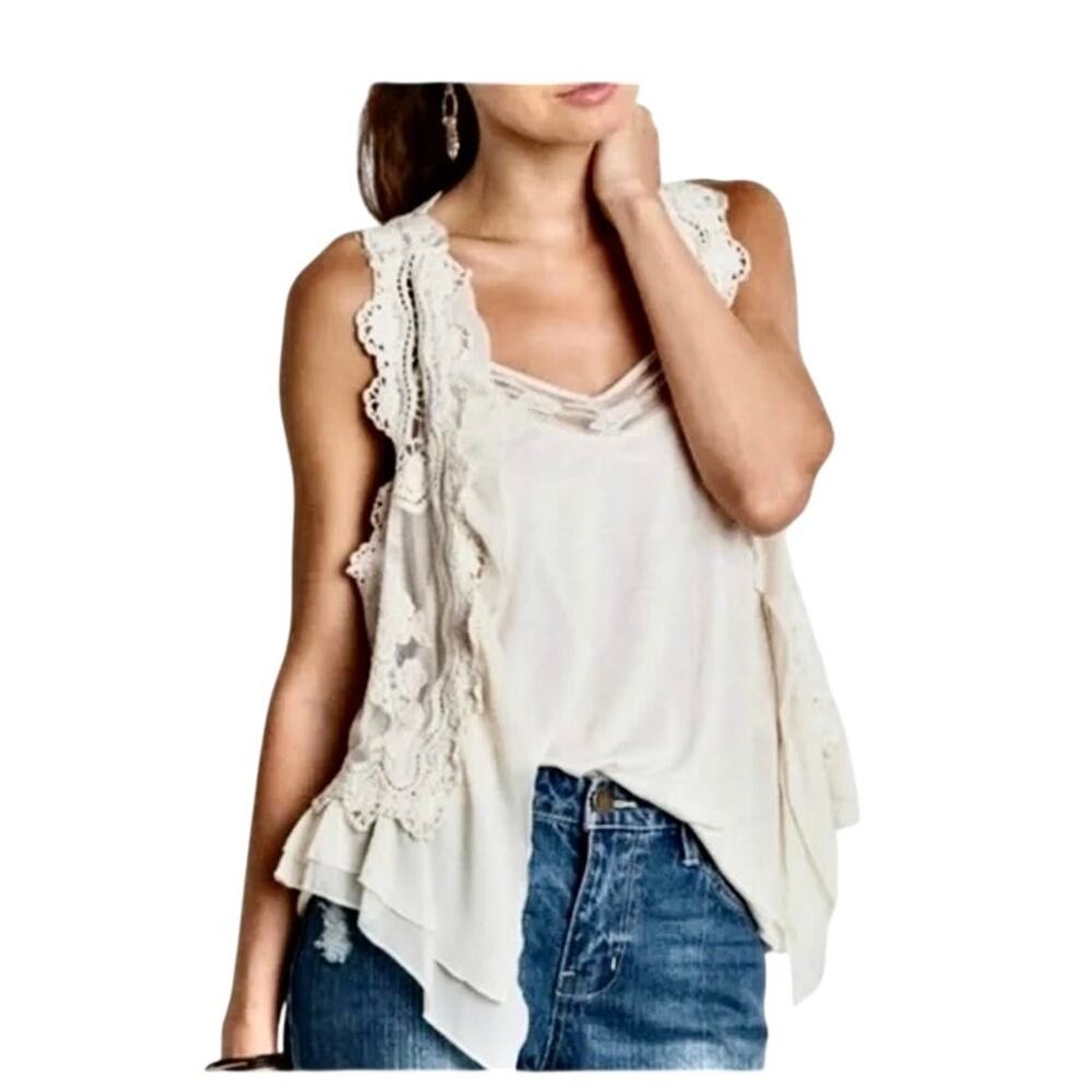 NWT Umgee Crochet Lace Ruffled Vest Ivory Romantic Fairy Festival Boho Hippie